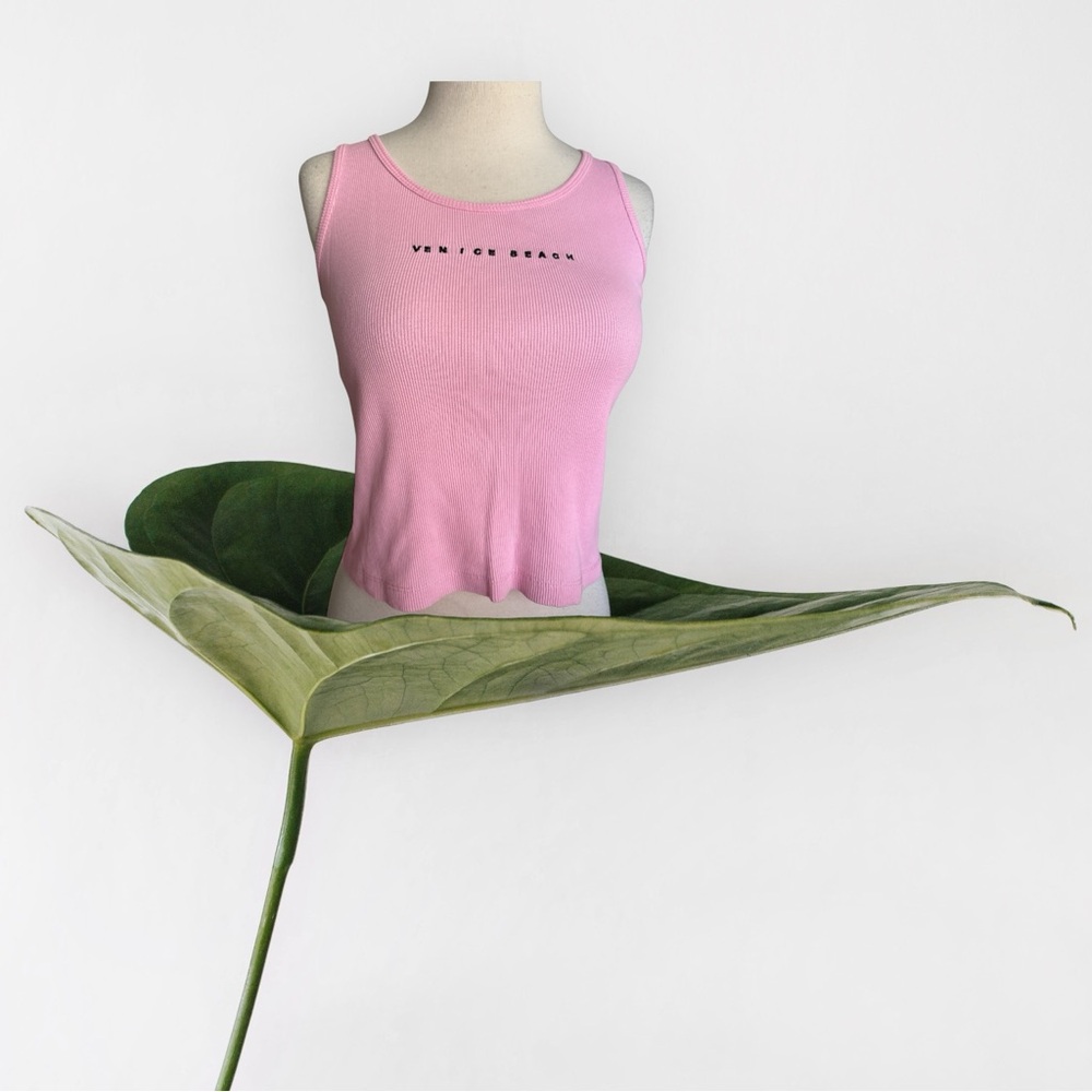 ZARA Pink Ribbed‎ Tank Top Girls Size 11/12 Venice Beach Embroidery EUC
